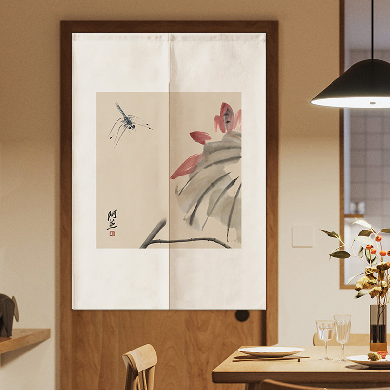 Chinese-style Cotton and Linen Thickened Fabric Door Curtain Bedroom Kitchen Long Partition Curtain Bathroom Shelter Curtain Punch-free Installation