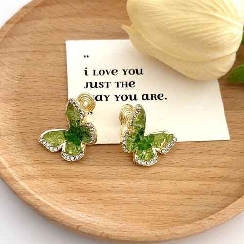 Zhao Lusi's same style green crystal butterfly earrings niche design mosquito coil disc ear clip