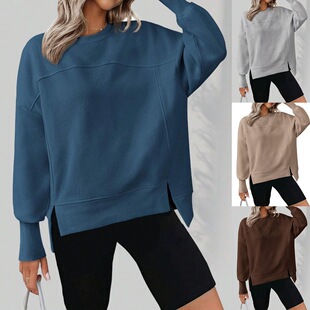 2025 European and American Cross-Border Women's Clothing Amazon Autumn and Winter New Round Neck Long-Sleeved Slit Casual Loose Versatile Sweatshirt