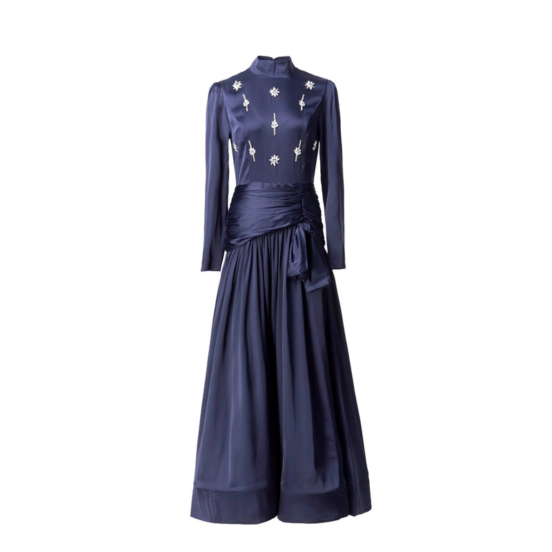 2026 New Navy Blue Satin Dress with Rhinestone Decoration, Stand-Up Collar, Waist-Cinching, Pleated Long Ladylike Dress