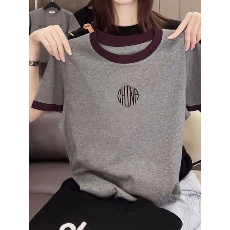 2025 Round Neck Regular Shoulder Slim-Fit Top with Color-Blocking Fashion Short-Sleeve T-Shirt Stylish New Women's Summer Model