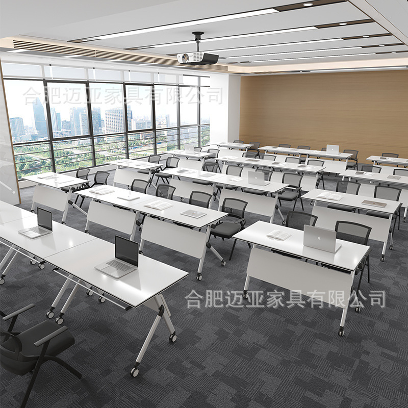 White Folding Conference Table, Movable Training Table and Chair Set, Office Desk, Long Table, Modular Desk, Table with Wheels