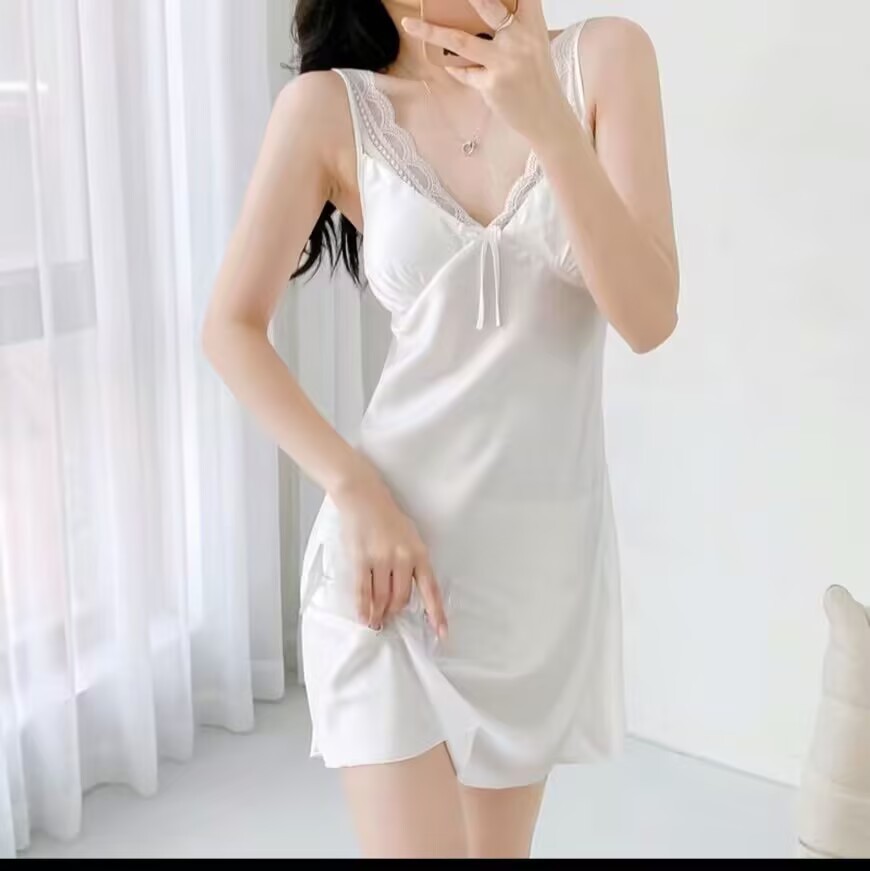Sexy Nightgown for Women, Summer Camisole Ice Silk Pajamas, Ins Style, Pure Desire Sleepwear with Chest Pads, New Model