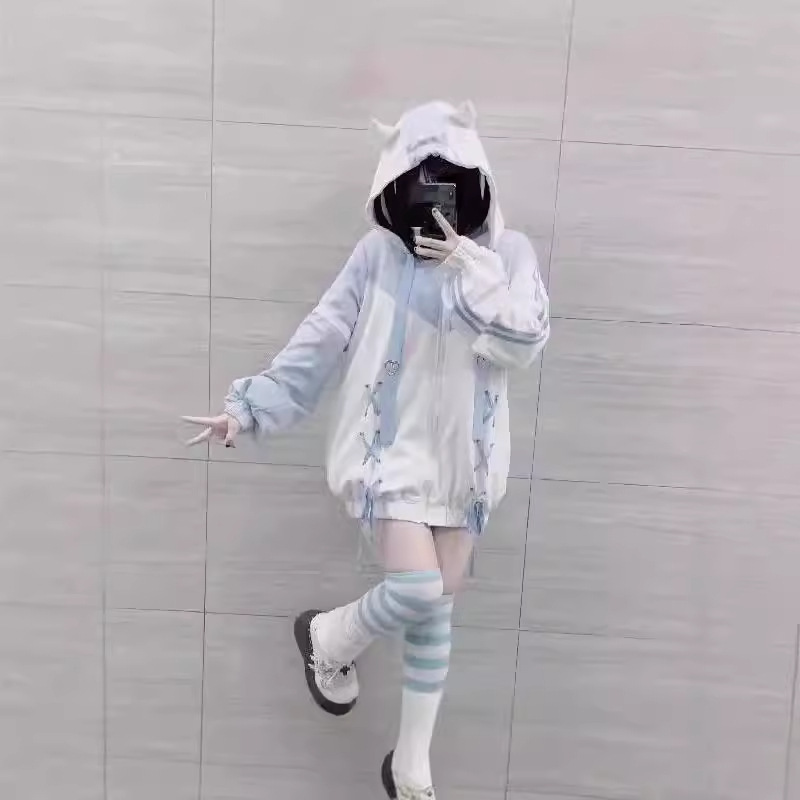 Electronic Dream Tour Water Color Sensory Angel World Water Color Hooded Jacket Japanese Style Soft Girl Loose Strappy Zipper Sweatshirt