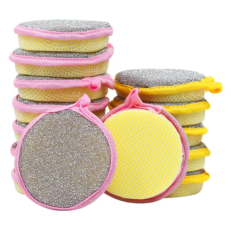 Cross-border generation of double-sided round ingot towel dishwashing towel sponge kitchen cleaning bowl scouring pad washing sponge