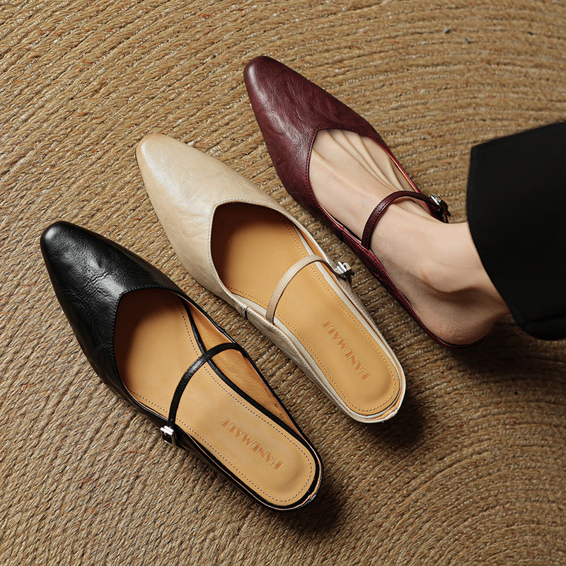 First-Layer Goatskin 3cm Inner Heightening Mule Shoes 2025 Summer New Style Genuine Leather Half Slippers Medium Heel Women's Toe-Cap Sandals