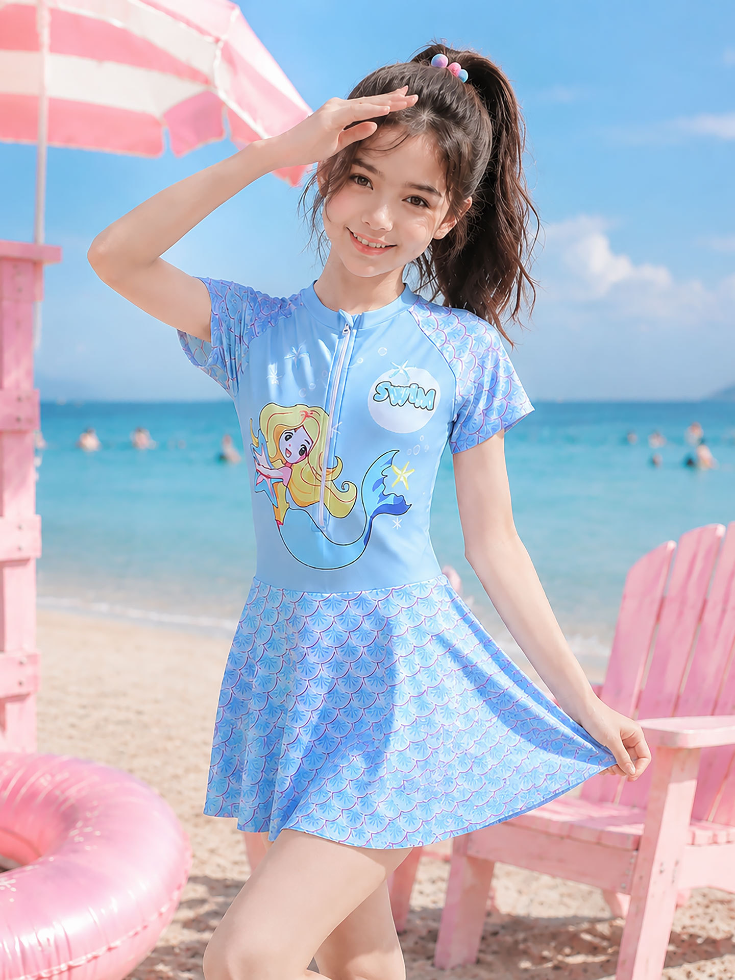 Traje de Baño de Una Pieza Estilo Princesa para Niñas de Poliéster Alta Elasticidad image 4