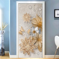 Jucrui Cross-border Supply PVC 3D Self-adhesive Door Decal Modern Living Room Decor Golden Flower Wall Art