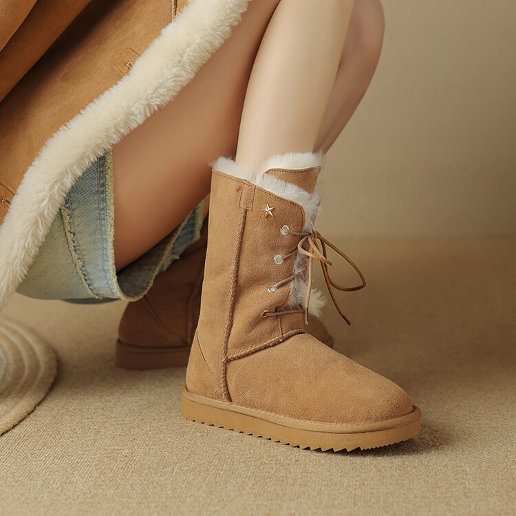 동북 기모 따뜻한 야외 편안한 대형 코튼 신발 마룬 라운드 발가락 멀티 착용 레이스 업 양가죽 원피스 스노우 부츠