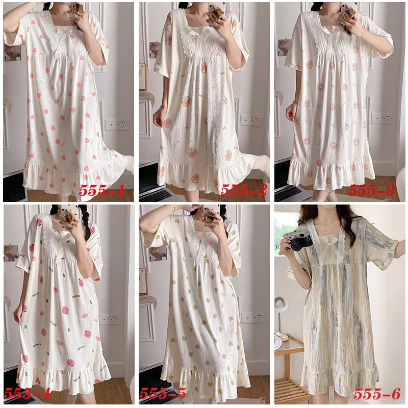 2024 verano cuello cuadrado tela de algodón arrugada delgada mangas cortas dulces pijamas largas niñas ropa de hogar comercio exterior al por mayor