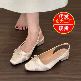 Temperament Thick Heel with Skirt Single Shoes Bow Fairy Style 2025 New Women's Summer French Gentle Toe Sandals