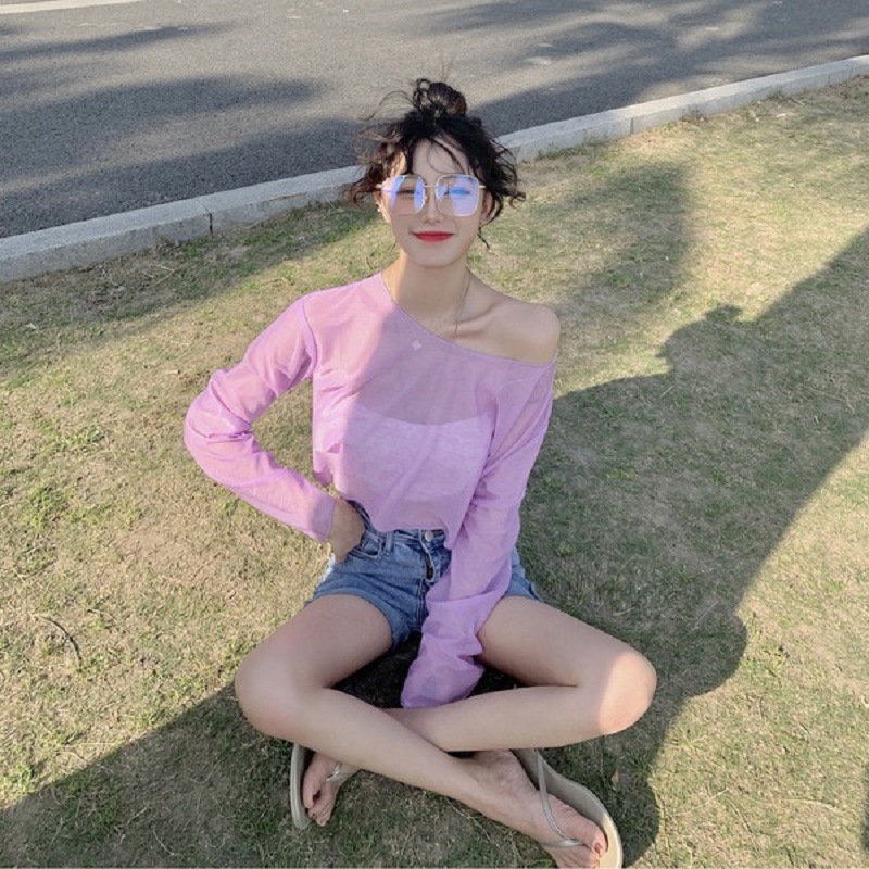 Abiti per la protezione solare trasparenti in tinta unita, magliette larghe a maniche lunghe, le coppie indossano camicie di base, donne corte e carine_voghion.com