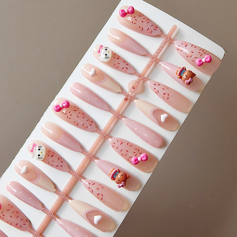 Long Leopard Print Manicure Nails Cartoon Cute Kitty Cat Bow Wearable Nails Fake Nail Patches Prefabricated Nails