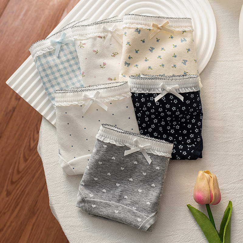 Extended Pure Cotton Crotch Girls Floral Pure Cotton Underwear Women's 10A Antibacterial Sweet Bow Mid-Waist Women's Briefs