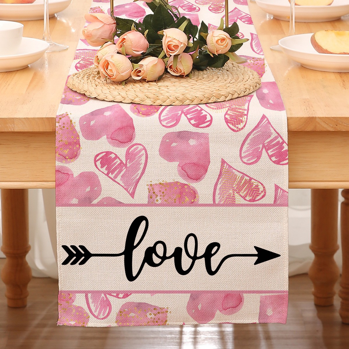 Camino de mesa temático de San Valentín para decoración transfronteriza, mantel rojo estampado de Amazon, decoración de restaurante, estilo nórdico, decoración del hogar, tira larga