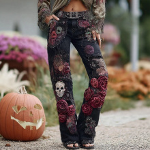 欧美跨境独立站亚马逊新款3D印花女士时尚休闲花卉牛仔长裤