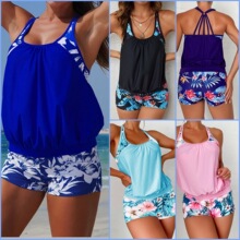 欧美分体泳衣女遮肚显瘦保守印花背心式泳装套装跨境大码泳衣女