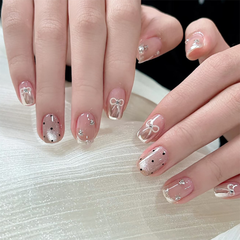 Ins Xiaohongshu Style Wearable Nails Polka Dot Cat Eye Manicure Fake Nails Short Square Nails Bow Wearable Nails