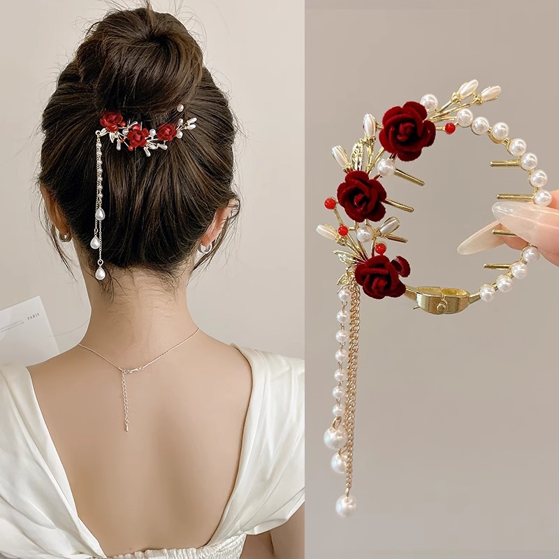 Nuevo estilo chino mariposa botón de cabello para mujeres de alta calidad flores de perla clips de cola de caballo lujoso clips de agarre de cabeza posterior falda de caballo adornamiento para el cabello