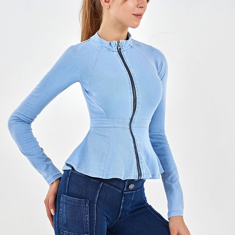 Primavera y verano nuevo Denim yoga cremallera motocicleta cuello alto adelgazamiento francés cintura deportes ropa de entrenamiento