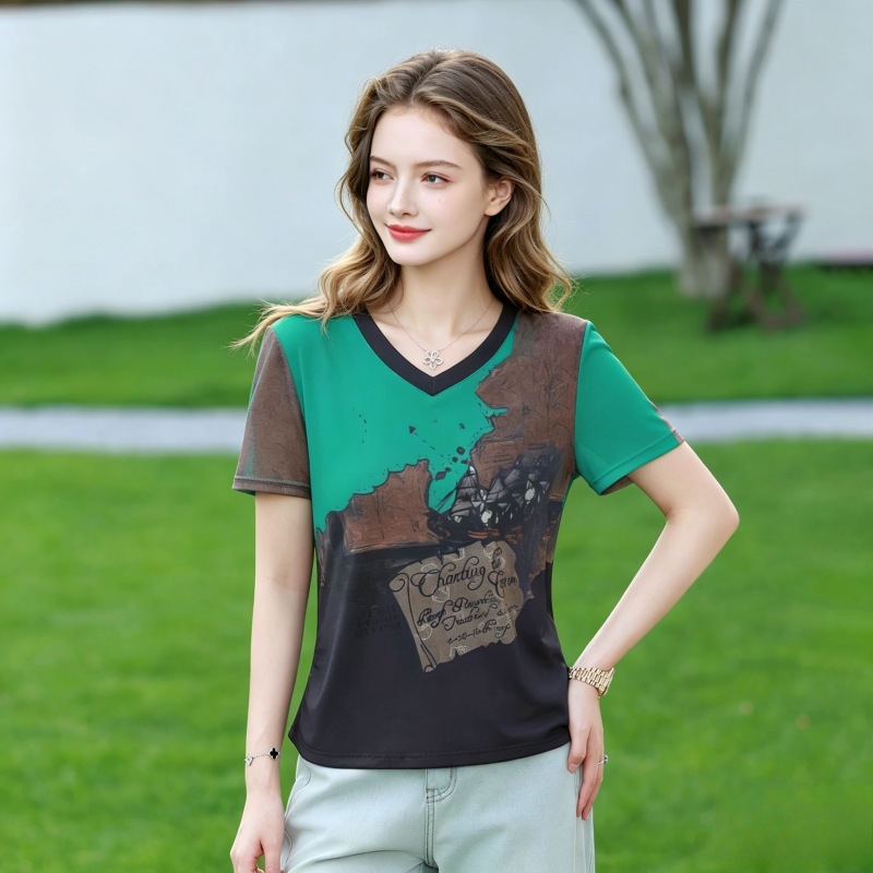 Elastic slimming and age-reducing V-neck waist-cinching pleated short-sleeve T-shirt for women with floral print, new summer versatile trendy top