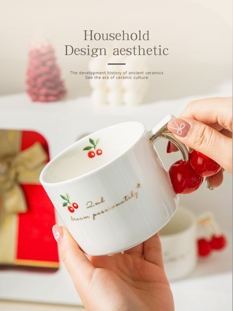 Home, Daily Occasion White Porcelain Material Cute Cherry White Porcelain Mug 1 Piece