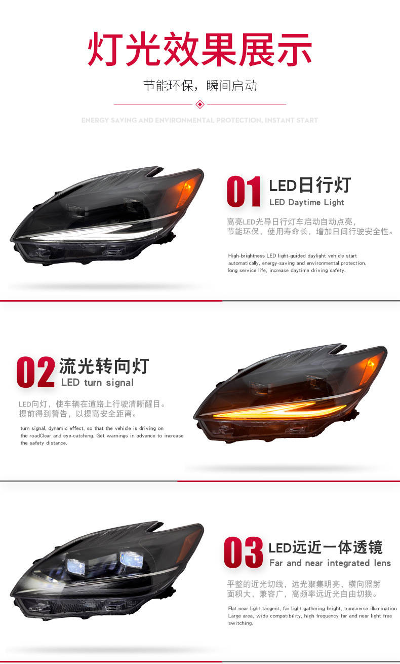 Suitable for 12-15 Toyota Prius Headlight Assembly Modification with Led Daytime Running Lights, Sequential Turn Signal, and Lens
