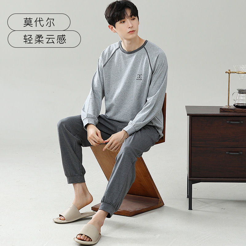 하이 퀄리티 슈퍼 소프트 잠옷 봄과 가을 남자 하이 엔드 긴 소매 모달 세트 의상 홈 옷베이스