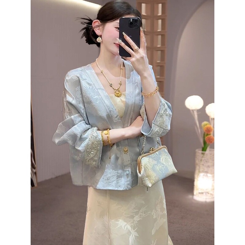2026 New Chinese Style Women's Outfit Spring and Summer Set with Buttoned Top, Jacket, and Dress, New Chinese Style Two-Piece Set for Women in Summer 2026 New Chinese Style Women's Outfit Spring and Summer Set with Buttoned Top, Jacket, and Dress, New Chinese Style Two-Piece Set for Women in Summer