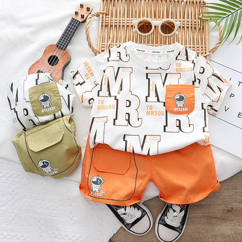  Summer New Boys Full Print Letter Crew Neck Short Sleeve Set for Baby Boys Casual Shorts Two-Piece Dropshipping