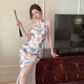 网红主播旗袍礼服长裙复古印花典雅修身包臀开叉中长连衣裙X5671