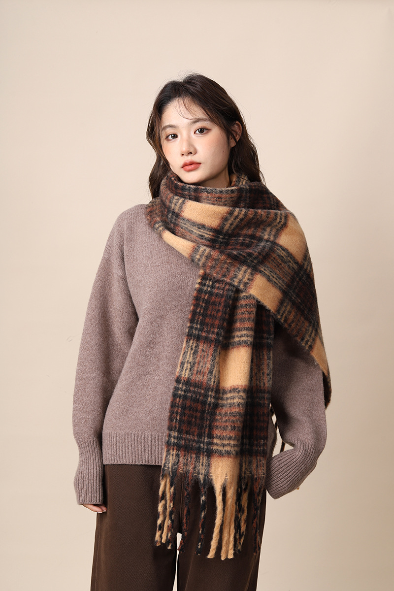 Sciarpa invernale in mohair con nappe di alta qualità, in cashmere marrone Maillard, per studenti, stile nuovo_voghion.com