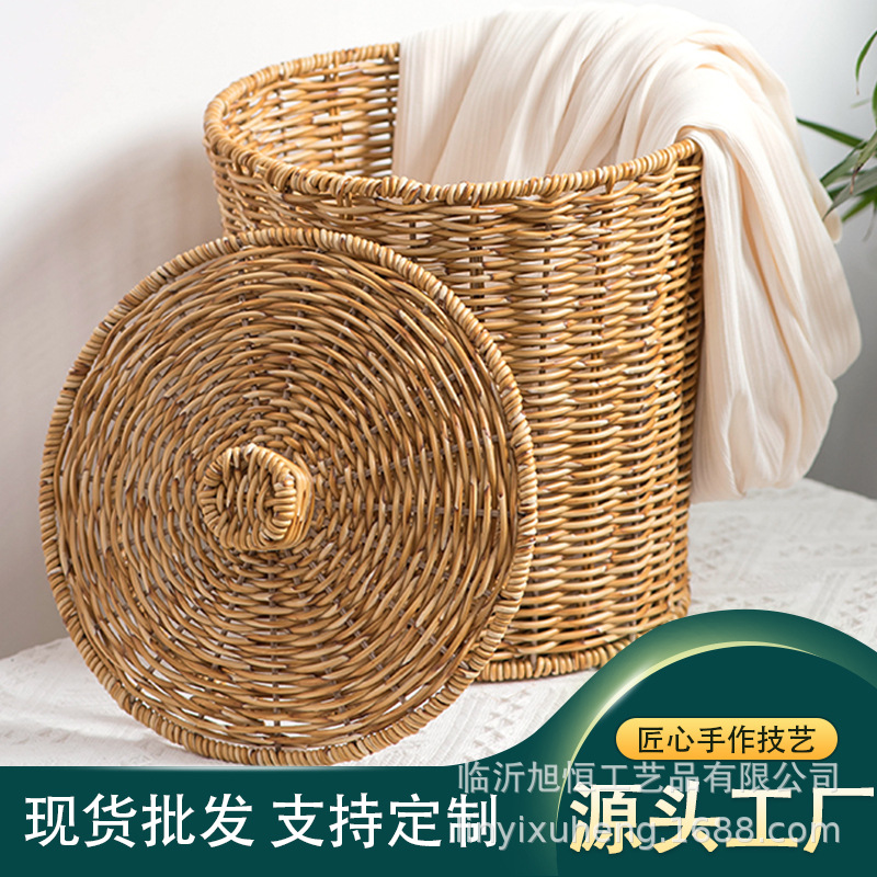 imitación de caña tejida a mano cubo de almacenamiento de escritorio retro canasta de almacenamiento de sala de estar de oficina canasta de almacenamiento con cubierta de almacenamiento