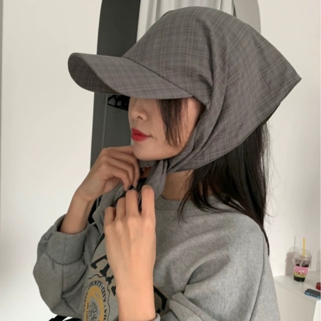 봄 여름 여성을 위한 격자 무늬 레이스 업 터번 피크 캡 새로운 틈새 패션 다용도 자외선 차단 야구 모자