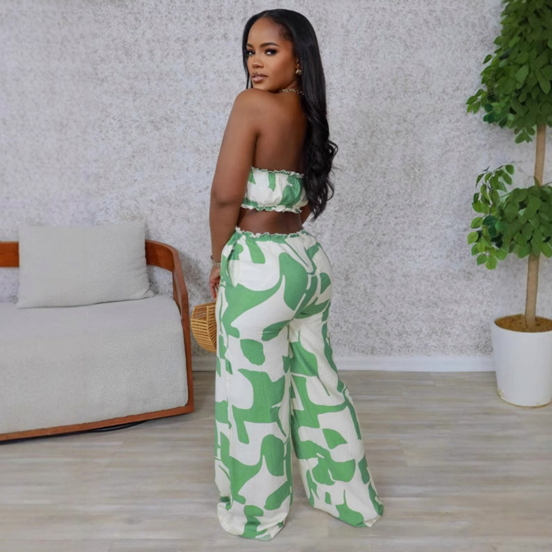 Elegant Strapless Printed Jumpsuit For Women Wide Leg Bottoms Casual Summer Polyester Thin Comfortable_ecoleips.com