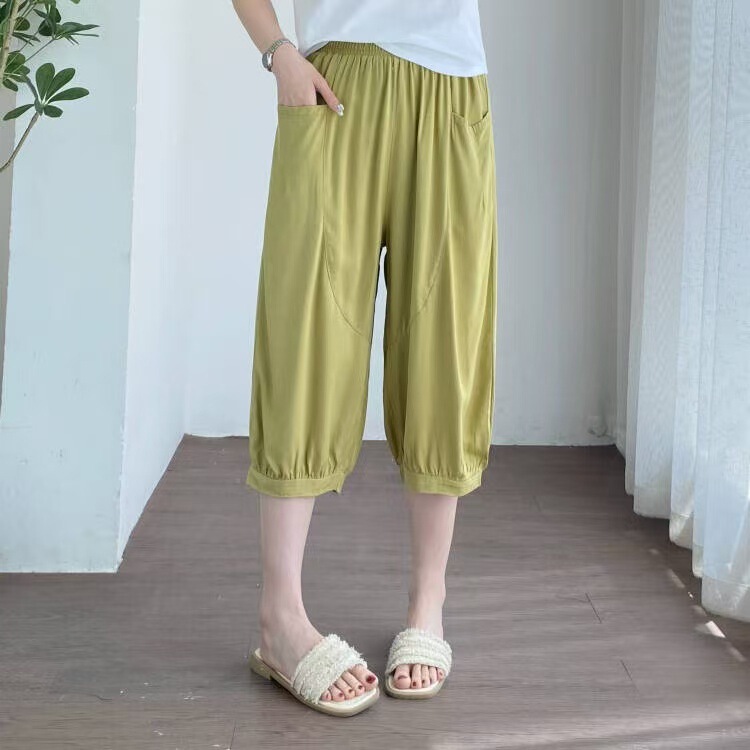 Summer Cotton Women's Cropped Pants with Pockets, Rayon Loose-Fitting Plus-Size Home Pants, Sleepwear, Thin Casual Pants