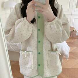 韩国ins女士睡衣加厚夹丝棉家居服小碎花格子拼色长袖圆领套装女