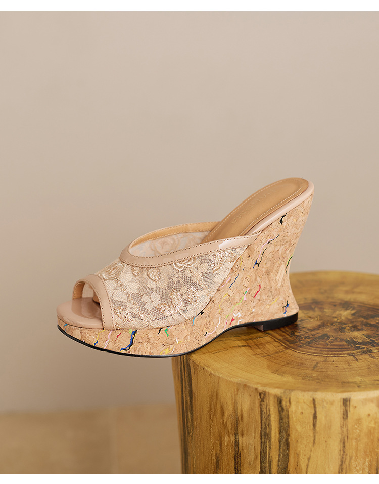 Sandal cao gót nữ hở mũi phong cách vintage, đế xuồng ren lưới, gót siêu cao 12 cm — màu trắng ngà, màu mơ chi tiết 10