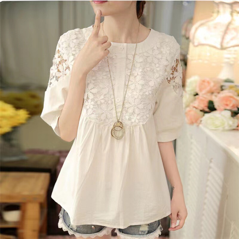 Summer Cotton Belly Covering Shirt Women's Lace Loose T-shirt Top All-match Base Shirt Mid-length Chiffon Shirt Doll Shirt