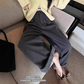 Y.JIA 伊嘉 秋冬韩系简约休闲百搭厚实垂坠翻边直筒休闲裤女9529