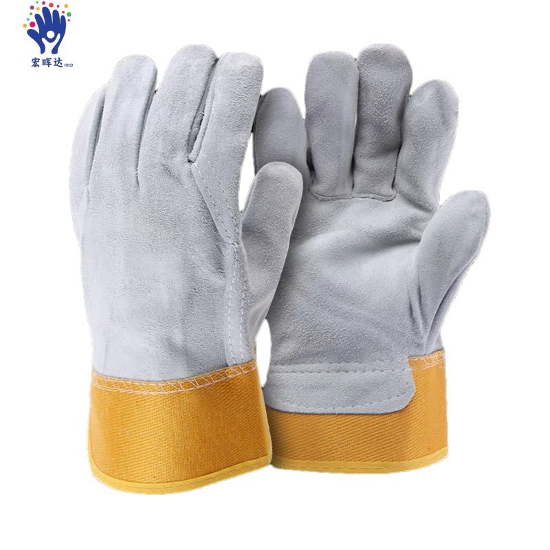热门直销黄胶袖二层电焊全掌牛皮手套焊工机械耐磨耐用防护手套