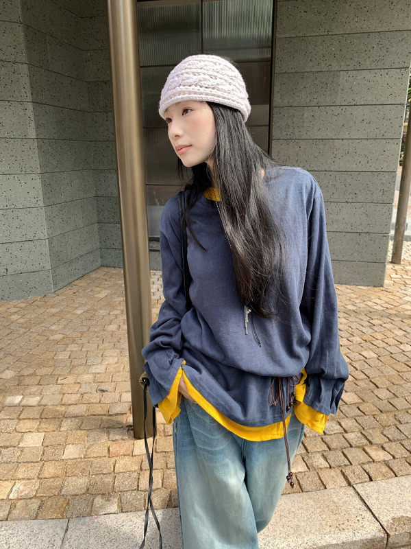 [9hour]慵懒宽松褶皱长袖t恤女 2025秋季竹节麻休闲上衣女c9045|undefined