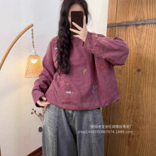 琪镌绘制冬新款重工刺绣圆领短款亚麻棉衣复古风套头文艺长袖外套