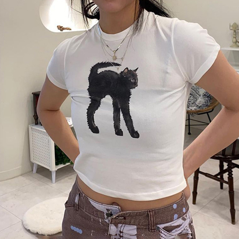 猫のプリント半袖tシャツ女性2023欧米の新商品の丸首カジュアル通勤がやせている街頭ギャル上着|undefined