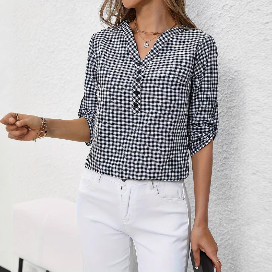 2024 European and American Cross-Border Amazon Export Aliexpress Women's Retro Elegant Plaid Shirt