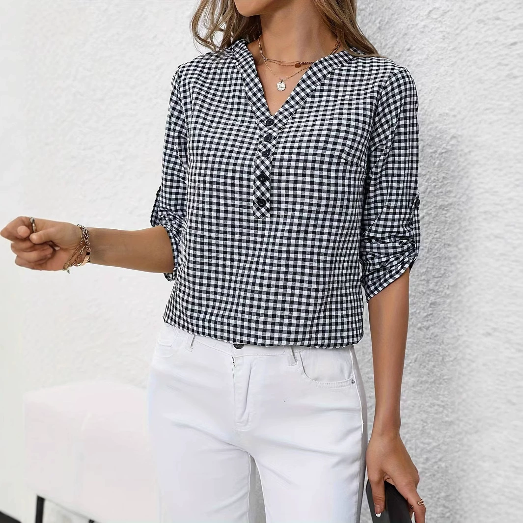 2024 Европейская и американская трансграничная экспортная женская ретро-элегантная клетчатая рубашка AliExpress на Amazon