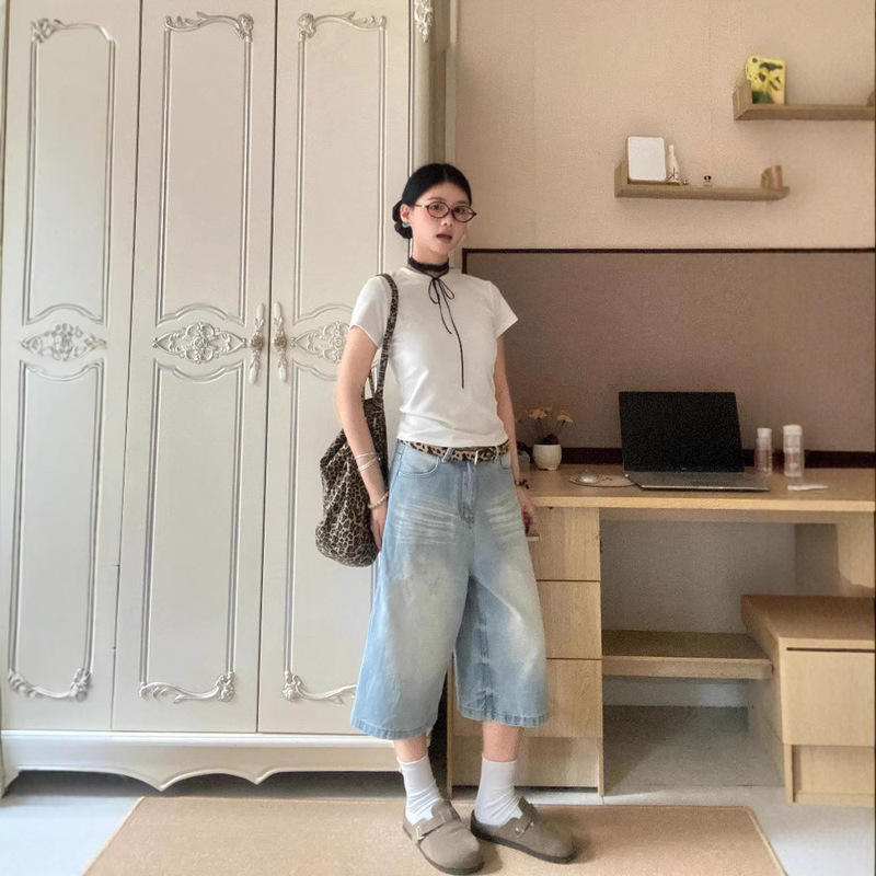 American Style Retro light blue Wide Leg Seven-point Denim Shorts Women's Summer New High Waist Loose Slimming Straight Pants