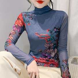 欧货女装批发2023秋冬红色花朵蝴蝶打底小衫轻熟内搭中年洋气T恤
