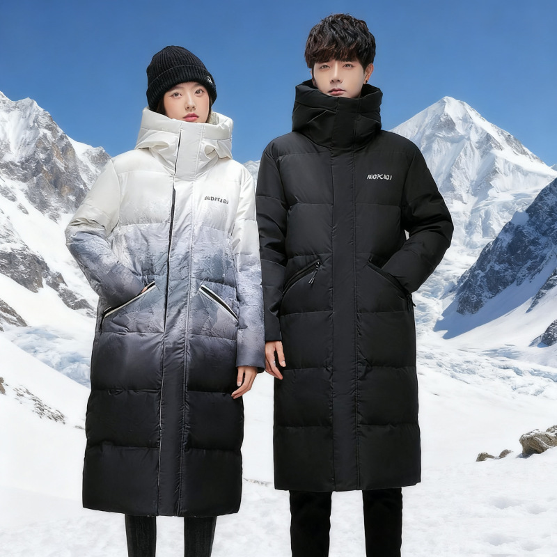 Brand White Duck down Jacket for Autumn and Winter, Couple's Hooded Long Gradient Style, Unisex, Cross-Border Thickened Coat
