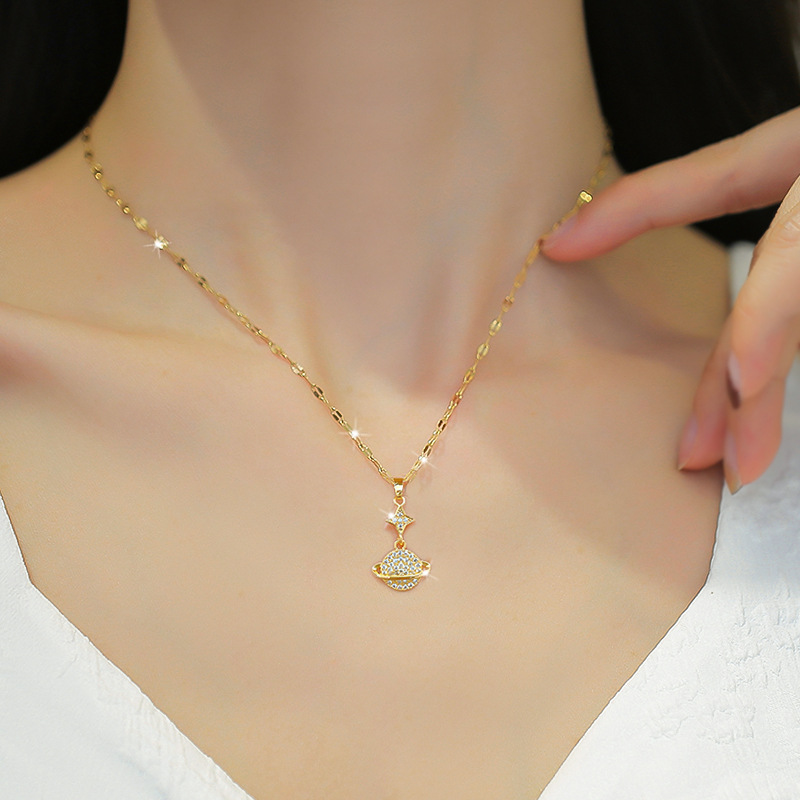 Planet Halskette Aus Echtem Gold Mit Diamanten Für Damen_voghion.com